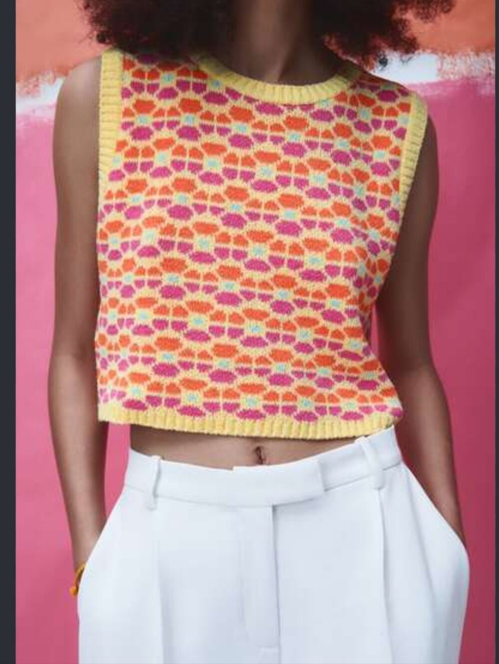 Zara Knit Sweater Vest Top L Colorful Geometric Floral Retro Corky Vibrant NWT